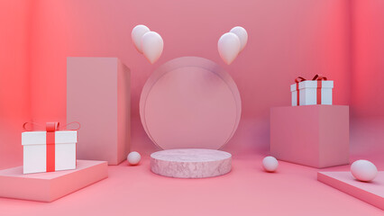 3D render, 3D rendering of gifts and balloons, scene and podium to place products, background and pink colors,