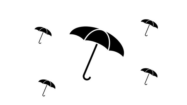 Zoom in and out animation the umbrella symbol. Large black symbol in the center and four small symbols around. Seamless looped 4k animation on white background