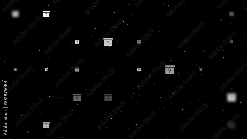 Poster template animation of evenly spaced gift box with a question symbols of different sizes and opacity.