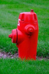 Red Fire Hydrant with Green Grass in Neighborhood
