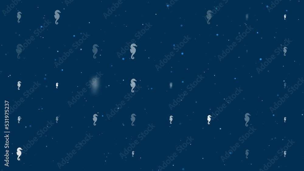 Poster template animation of evenly spaced sea horse symbols of different sizes and opacity. animation of t