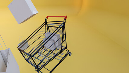 3d rendering, shopping cart yellow background, copy space, shopping and shopping bags