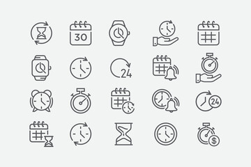 Fototapeta na wymiar Time and clock vector linear icons set. Timer, alarm, calendar, time, stopwatch, hourglass, and more. Collection of time icons. Vector illustration