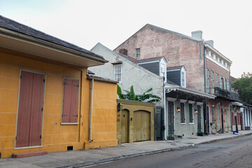Row of Colorful Old Homes along an Empty Street in the French Quarter of New Orleans