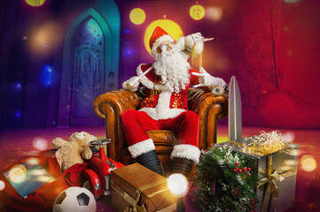 rock Santa with many gifts in a colorful party room