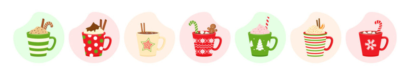 Christmas hot drink cup vector menu, coffee and tea, cocoa, winter food, cozy sweet dessert. Collection of beverage. Cartoon illustration