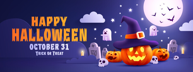 Halloween Promotion Poster or banner template.Halloween night seen with big Moon, Pumpkin ghost,Wizard Hat,cute ghost,cartoon skull and halloween elements. Website spooky or banner template