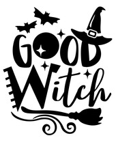 Good Witch clipart svg. Bats, moon, witch's hat broom svg. Halloween decor. Isolated transparent background.