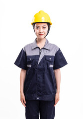 A female worker in uniform and hard hat