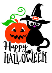 Happy Halloween svg Home decor.  Black cat, pumpkin Jack o Lantern, spider clipart. Vector file