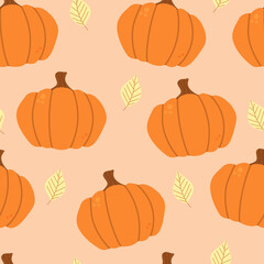 Cute pumpkins and foliage. Yellow leaves in flat style. Seamless pattern.