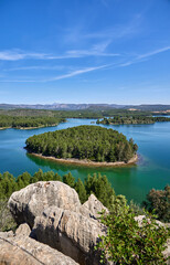 View of Sitjar Reservoir, located in Onda, Castellon, Spain, during a sunny day in spring