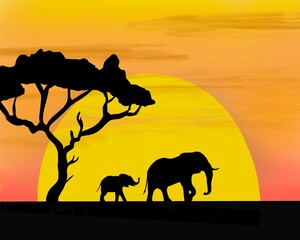 Elephants on sunset