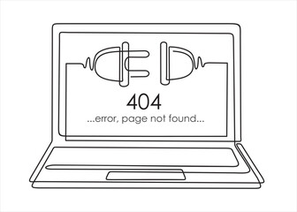 continuous One  line drawing of Electrical outlet and plug unplugged. 404 error, page not found on screen laptop, connection error or time out. 