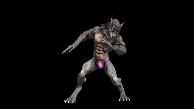 Seamless animation of a werewolf with thong dancing salsa isolated with alpha channel. Funny cartoon character for Halloween background.