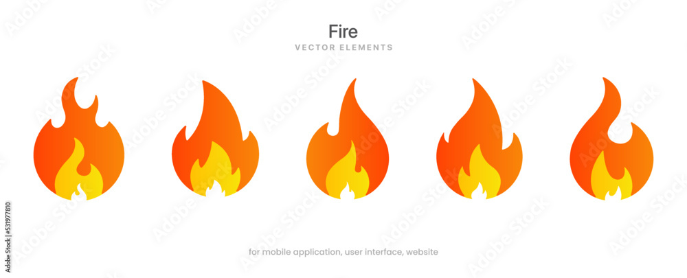 Wall mural 3d fire flames icons collection. red flame in abstract style on white background for ui ux website m