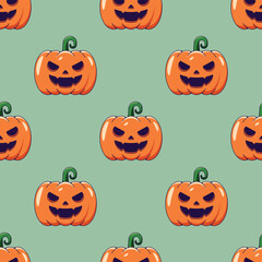 Halloween concept. Vibrant vector seamless pattern of creepy pumpkin on green background. Perfect for wrapping, wallpapers, postcards, web sites, shops
