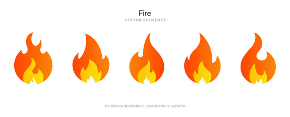 3d fire flames icons collection. Red flame in abstract style on white background for UI UX website mobile app game operation system.