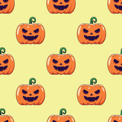 Halloween concept. Vibrant vector seamless pattern of spooky pumpkin on yellow background. Perfect for wrapping, wallpapers, postcards, web sites, shops