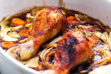 chicken legs baked with onion, carrot and bay leaves