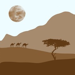 Fototapeta na wymiar Desert landscape with camels