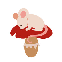 White mouse sleeping on red mushroom.
