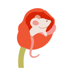 White mouse sitting in red tulip.