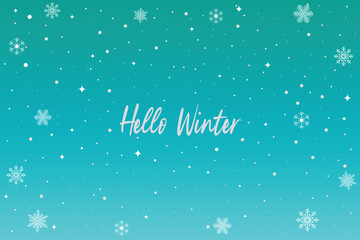 Bright colorful sky background with white snowflakes and hello winter lettering.