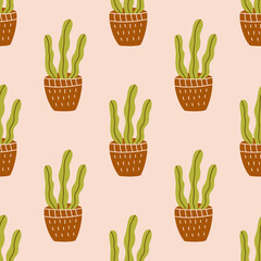 Seamless pattern with cute green cactus in a pot. Colorful vector doodle cacti illustration hand drawn. Wrapping or textile print. Paper art template