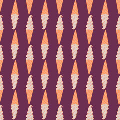 Seamless pattern with ice cream in a waffle cup in the shape of a cone. Colorful vector doodle illustration hand drawn on a purple background. Wrapping or textile print. Paper art template