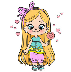 Cute cartoon longhaired girl with lollipop candy in hand color variation for coloring page on a white background