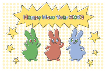2023年卯年の年賀状イラスト: ポップな三匹のうさぎ