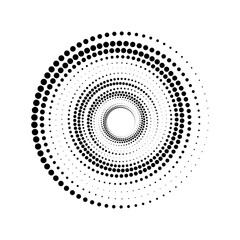 Black circles from a dot in a spiral. Isolated on white background. Abstract clipart.