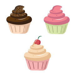 Birthday Cupcakes Vector. Birthday Cake Muffins. Chocolate Cupcake. Vanilla Cupcake. Strawberry Cupcake. Dessert Vector Illustration