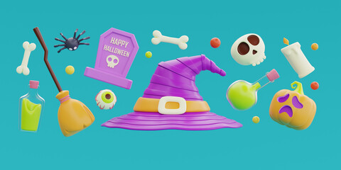 Happy Halloween with witch hat, bones, skull, grave, pumpkin, colorful candies and sweets floating, 3d rendering.