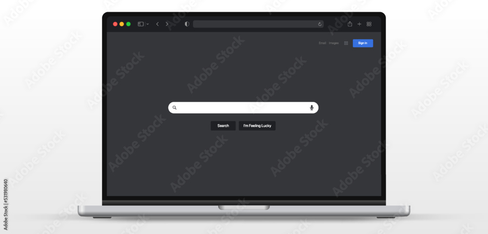Poster Web browser, internet browser search engine with 3d realistic laptop mockup. Search bar for ui ux design and web site. Search address and navigation bar icon.