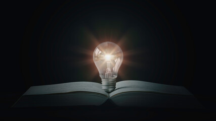 Thinking and creative concepts, glowing lightbulbs on the Book dark background, The idea of reading...