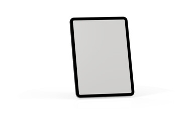 Modern tablet computer stand with blank screen isolated on white background