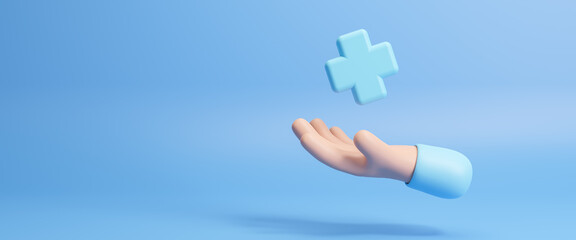 3D hand holding plus icon or medical care symbol. Positive thinking mindset or healthcare insurance symbol concept. Business for profit, benefit, development and growth concepts, copy space. 3d render