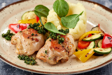 chicken with mashed potato and vegetables