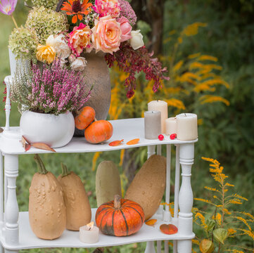 beautiful autumn decor with flowers, berries, pumpkins in garden