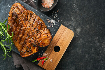 Raw steak t-bone or porterhouse. Steak t-bone or porterhouse in sauce with spices, salt and...