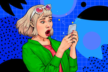 Shocked young girl using mobile phone. Wow! Excited  woman looking at cellphone surprised from what she saw.  Human reaction, expression and technology concept - 531983210