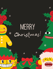 Merry Christmas and Happy New Year 2023. Vector trendy abstract illustration of holiday card with santa claus, deer, crazy geometric shapes, christmas tree and wreath for poster.