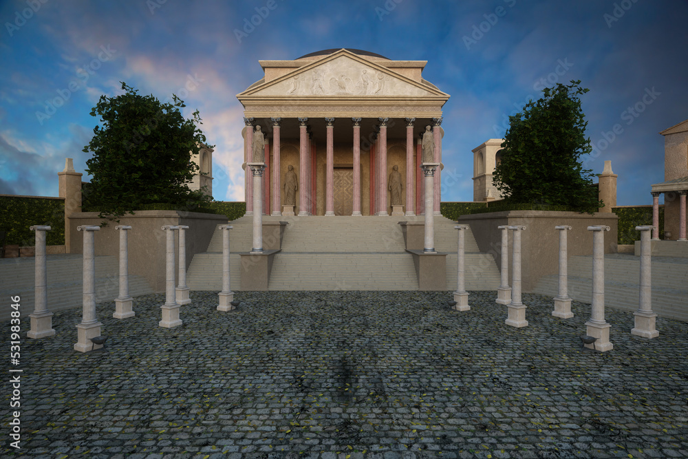 Poster Paved plaza in front of an ancient Roman temple building with steps leading up to the entrance and tall columns. 3D illustration.