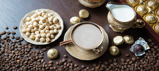 Sweets on the background of coffee still life