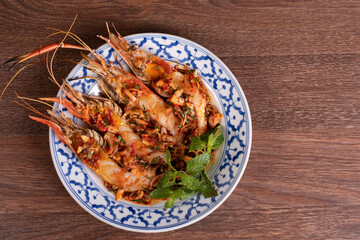 Roasted big river shrimp on the white plate