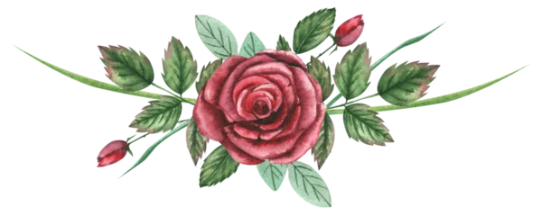 Poster Rood roze bloemenboeket. Aquarel vintage compositie. © Solomiika