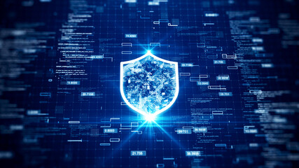 Cybersecurity data protection technology concept internet connection online network. The icons and polygons are connected inside a prominent shield in the center. binary code on dark blue background.