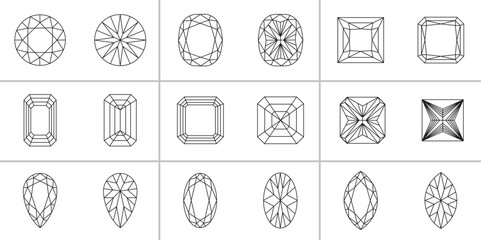 Collection of gem, diamond, crystal and jewel stone shapes sizes top,  bottom, up down line drawing, various types of finished precious stones vector illustration for print and digital - obrazy, fototapety, plakaty